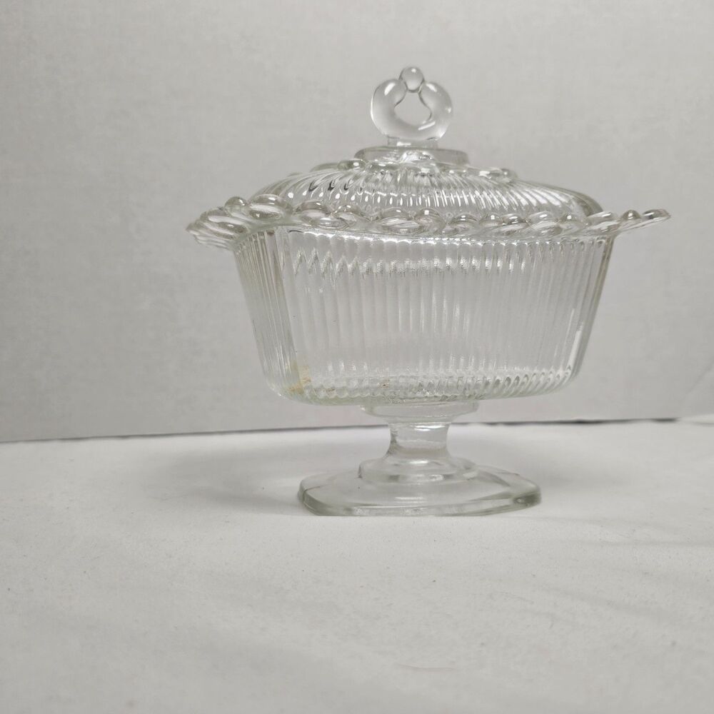 Indiana Glass Vintage Footed Tiara Wedding Box w/ Lid MCM Clear 7 x 6 x 5" READ